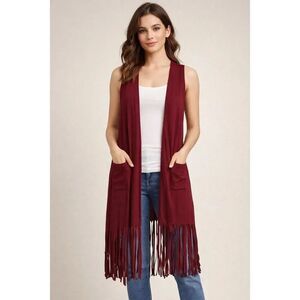 Beyove Burgundy Fringe Sleeveless Cardigan Vest Womens Medium